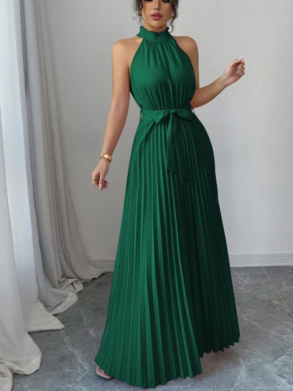 Dark Green Elegant Women's pleated A-Line Dress - Picture 4 of 5